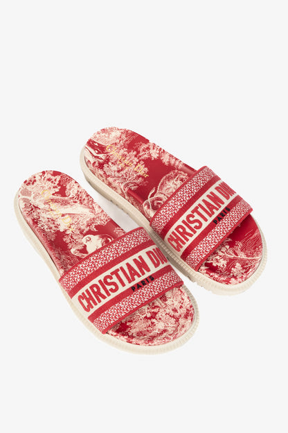 Christian Dior Dway Red Toile du Jouy Flowers Embroidered Slides
