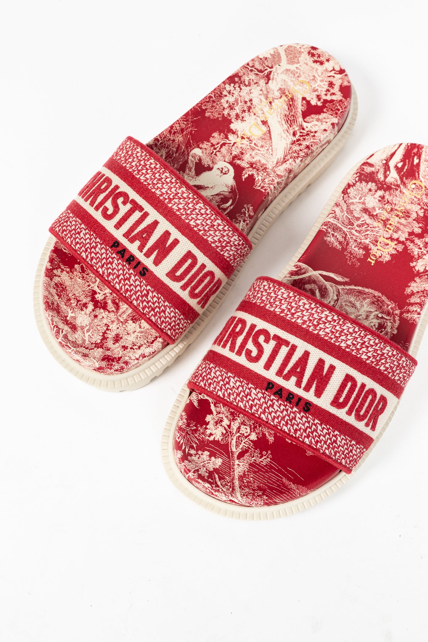 Christian Dior Dway Red Toile du Jouy Flowers Embroidered Slides