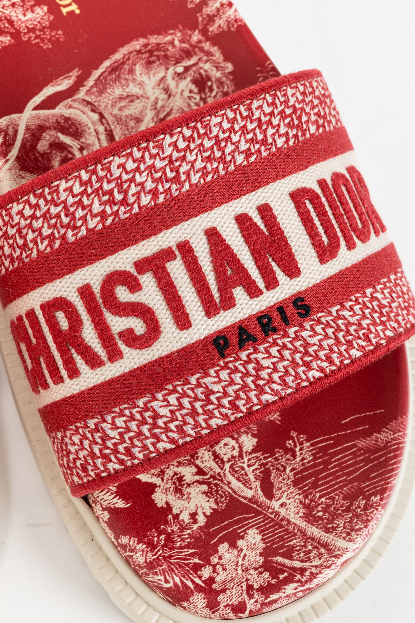 Christian Dior Dway Red Toile du Jouy Flowers Embroidered Slides