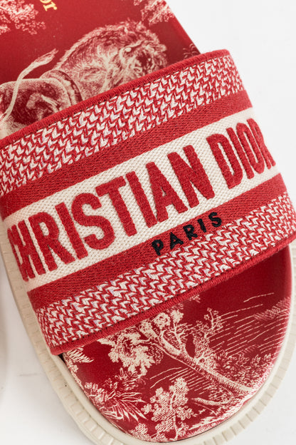 Christian Dior Dway Red Toile du Jouy Flowers Embroidered Slides