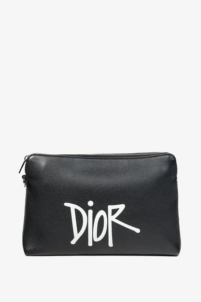 Dior X Shawn Stussy AW/20 Black Pebbled Leather Large Clutch