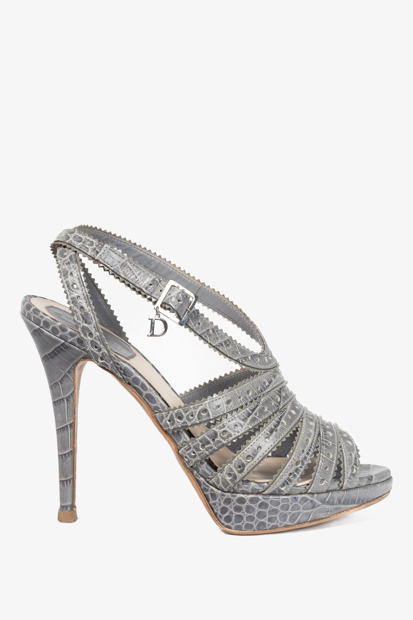 Christian Dior Bonnie Grey Snake-Embossed Perforated Platform Sandals