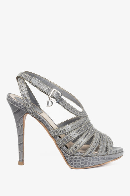 Christian Dior Bonnie Grey Snake-Embossed Perforated Platform Sandals