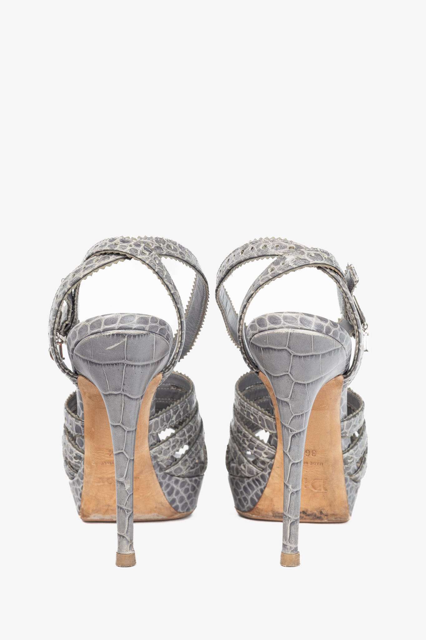 Christian Dior Bonnie Grey Snake-Embossed Perforated Platform Sandals