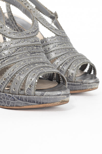 Christian Dior Bonnie Grey Snake-Embossed Perforated Platform Sandals