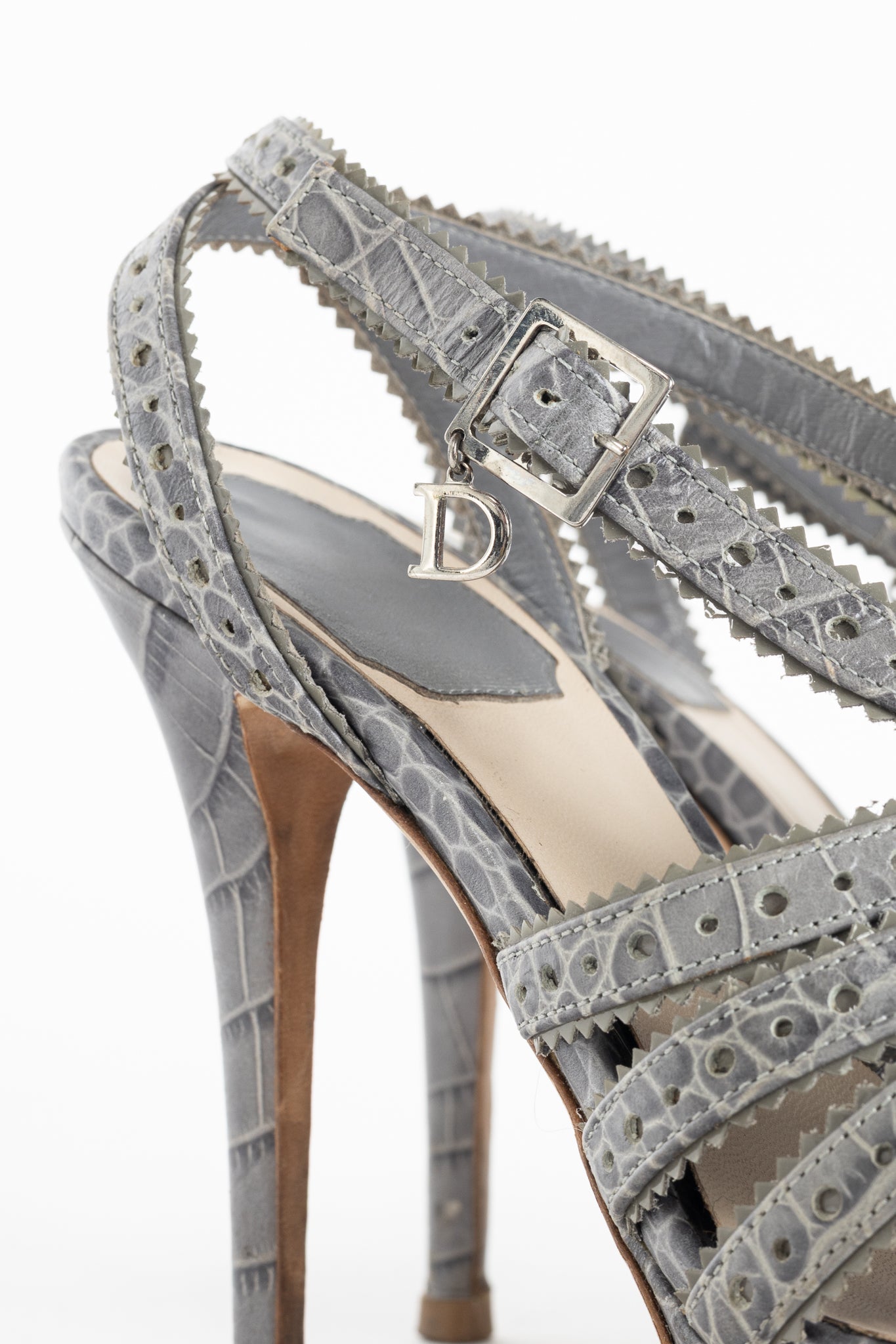 Christian Dior Bonnie Grey Snake-Embossed Perforated Platform Sandals