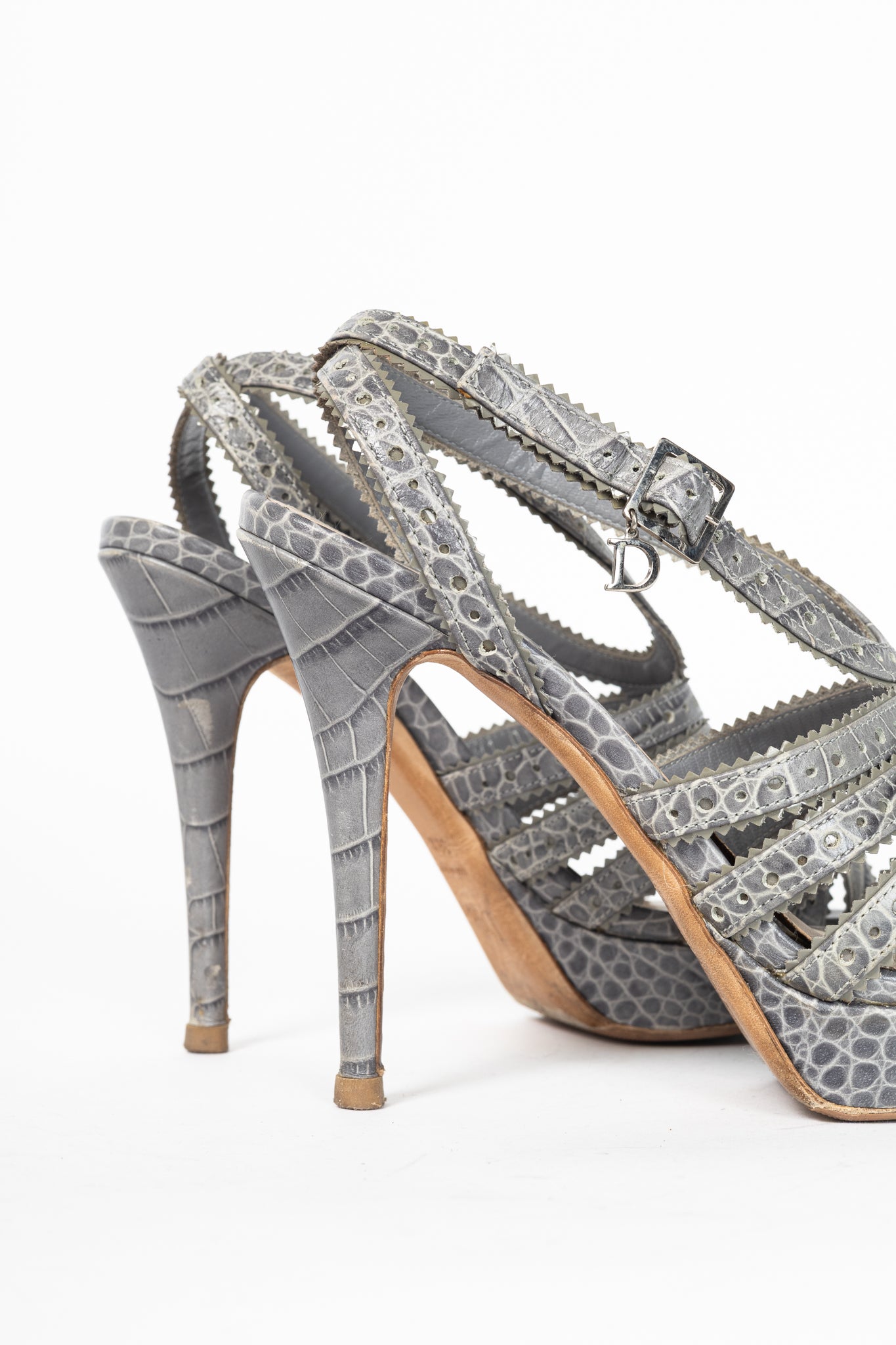 Christian Dior Bonnie Grey Snake-Embossed Perforated Platform Sandals