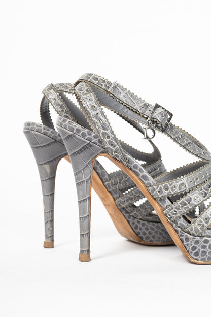Christian Dior Bonnie Grey Snake-Embossed Perforated Platform Sandals