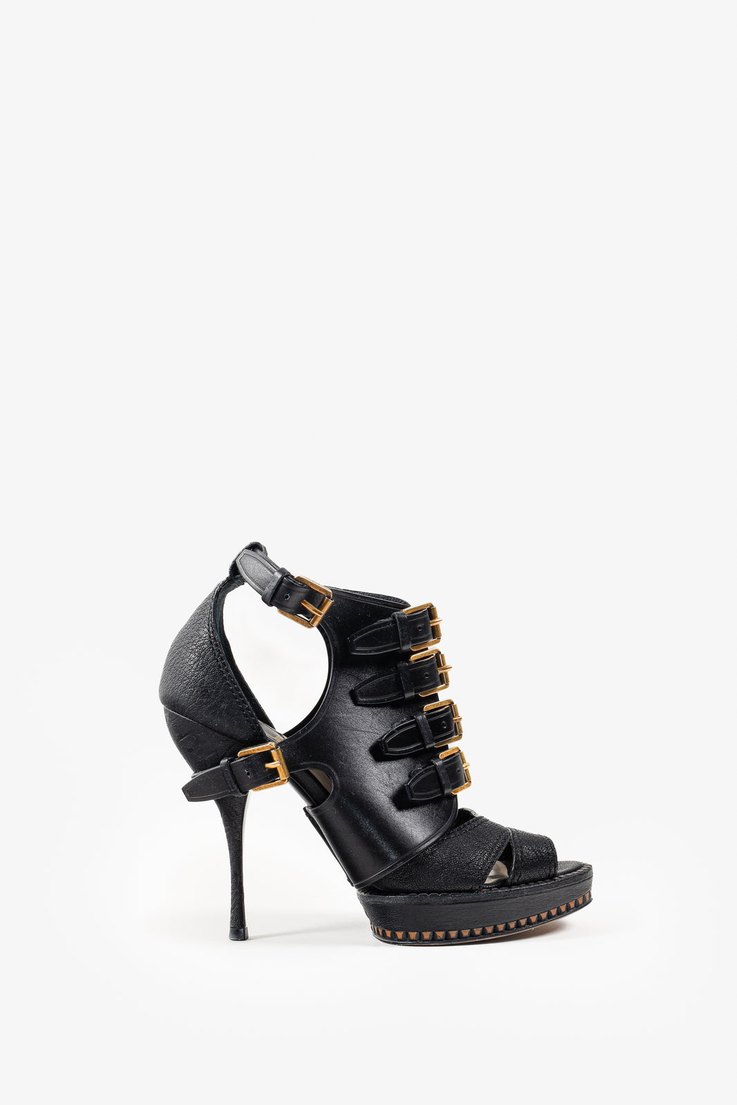 Christian Dior Black Leather Buckle Strap Peep-Toe Stiletto Heels
