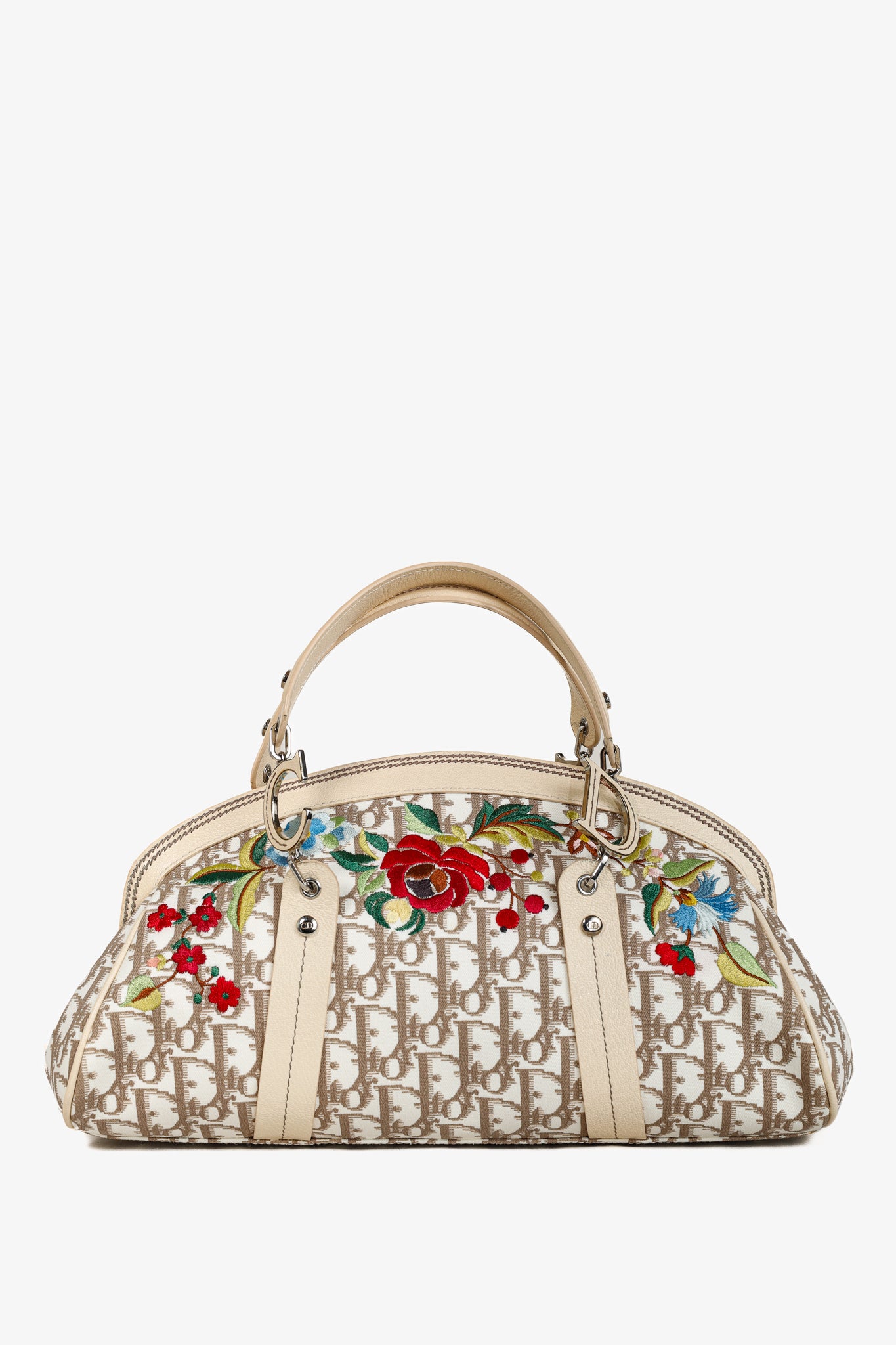 Christian Dior Vintage Flowers Beige Monogram Canvas Embroidered Frame Bag