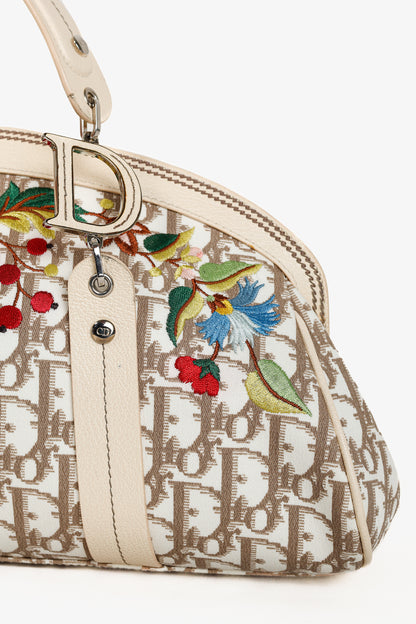 Christian Dior Vintage Flowers Beige Monogram Canvas Embroidered Frame Bag