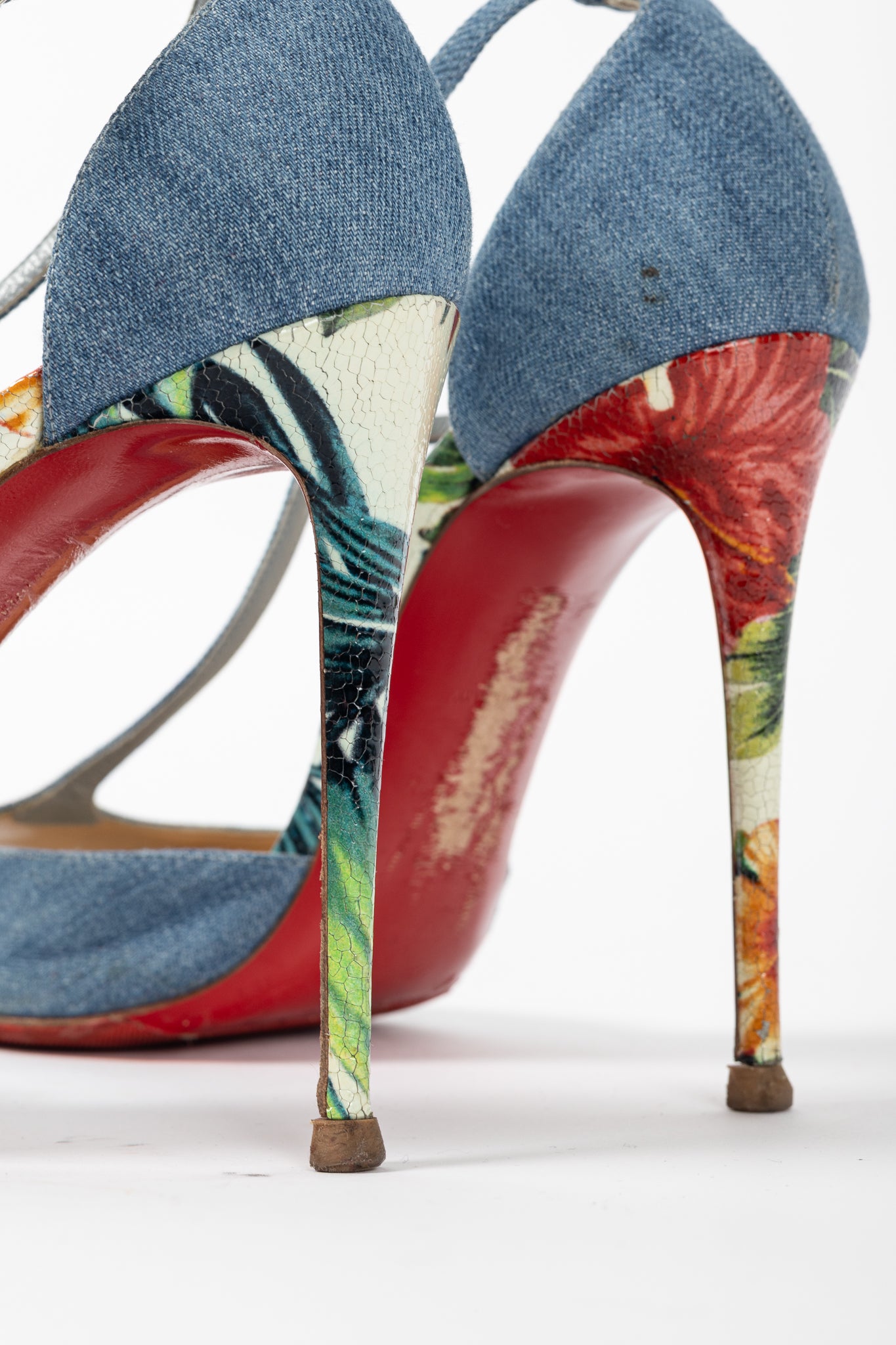 Christian Louboutin Senora 100 Blue & White Jeans / Calf Hawaii T-Strap Sandals