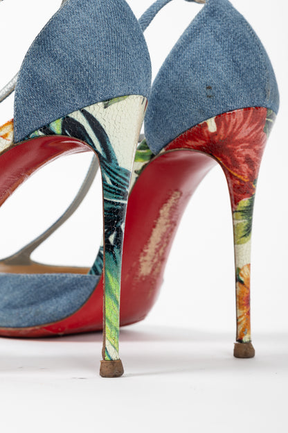 Christian Louboutin Senora 100 Blue & White Jeans / Calf Hawaii T-Strap Sandals
