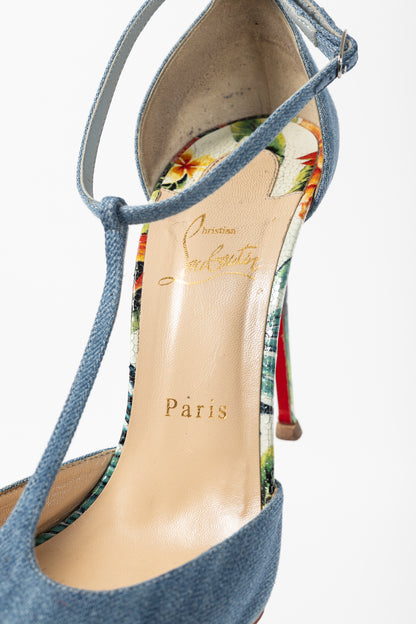 Christian Louboutin Senora 100 Blue & White Jeans / Calf Hawaii T-Strap Sandals