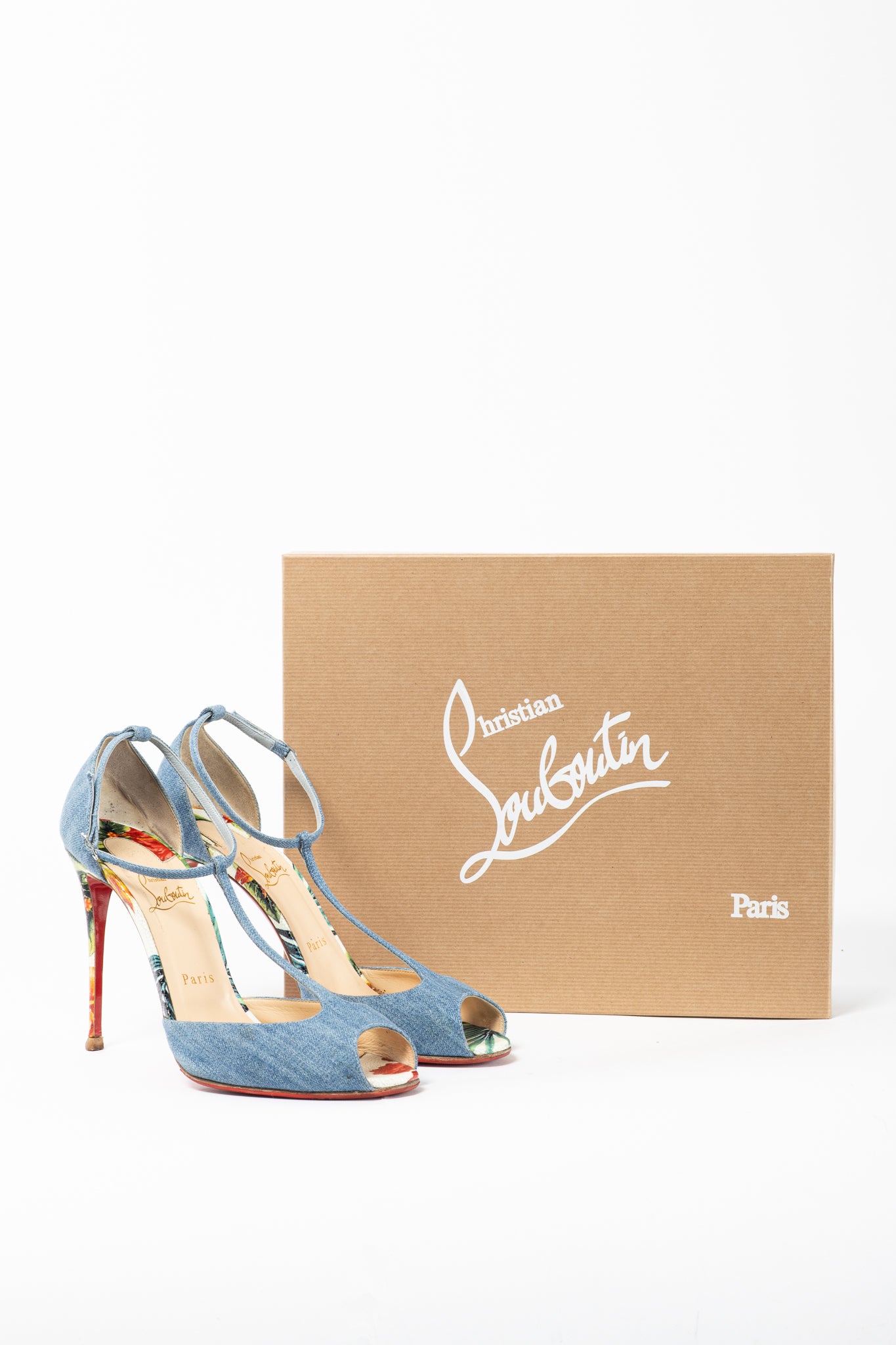 Christian Louboutin Senora 100 Blue & White Jeans / Calf Hawaii T-Strap Sandals