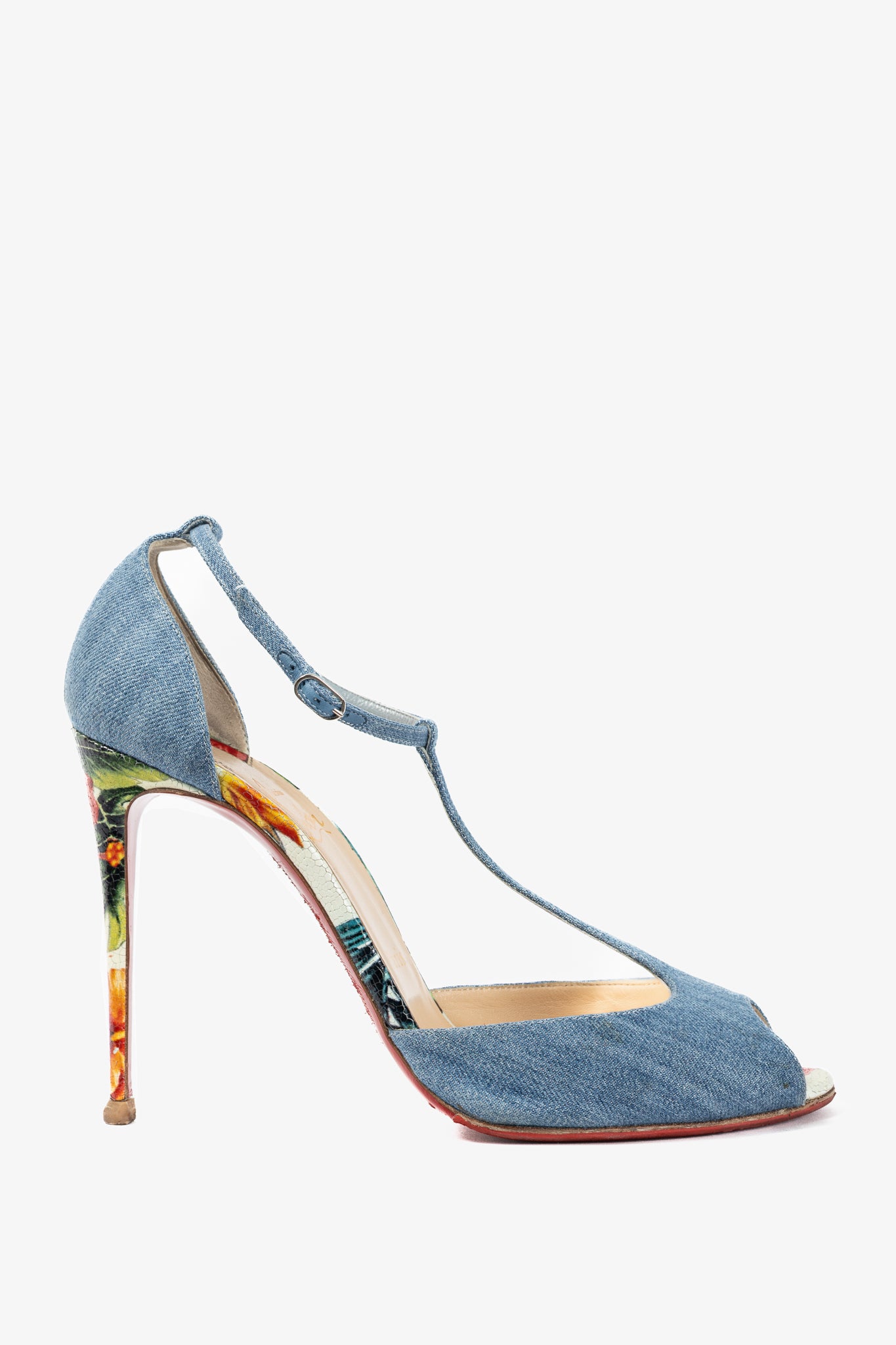 Christian Louboutin Senora 100 Blue & White Jeans / Calf Hawaii T-Strap Sandals