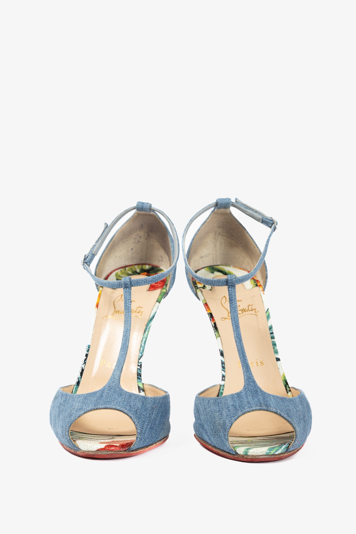 Christian Louboutin Senora 100 Blue & White Jeans / Calf Hawaii T-Strap Sandals