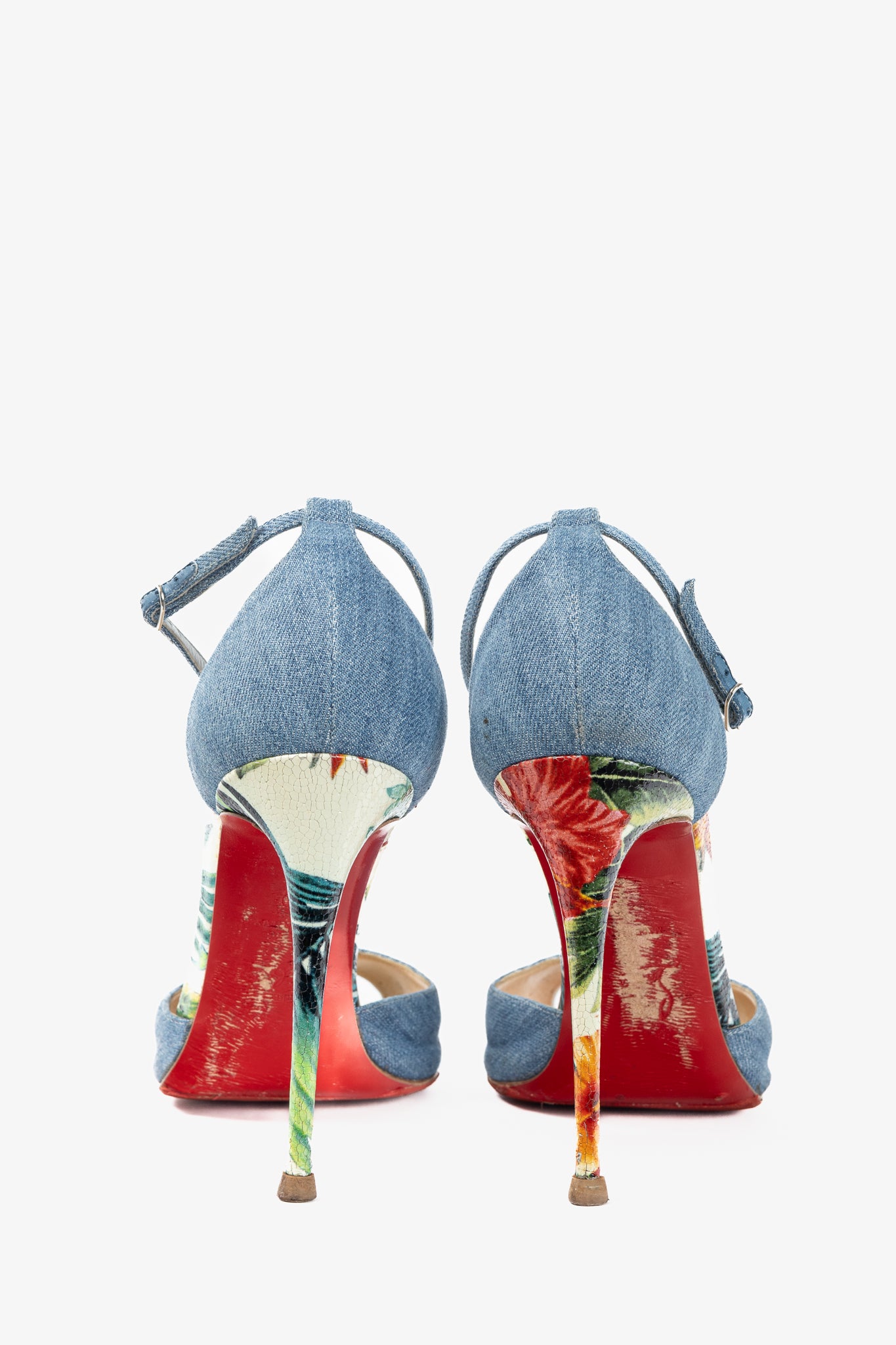 Christian Louboutin Senora 100 Blue & White Jeans / Calf Hawaii T-Strap Sandals
