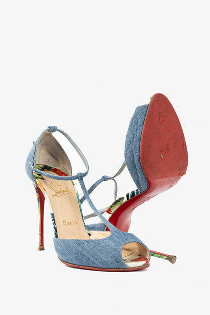 Christian Louboutin Senora 100 Blue & White Jeans / Calf Hawaii T-Strap Sandals