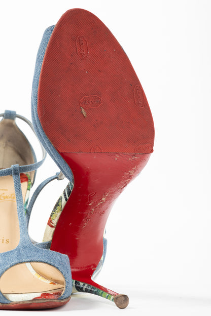 Christian Louboutin Senora 100 Blue & White Jeans / Calf Hawaii T-Strap Sandals