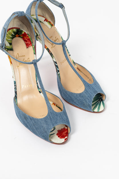 Christian Louboutin Senora 100 Blue & White Jeans / Calf Hawaii T-Strap Sandals
