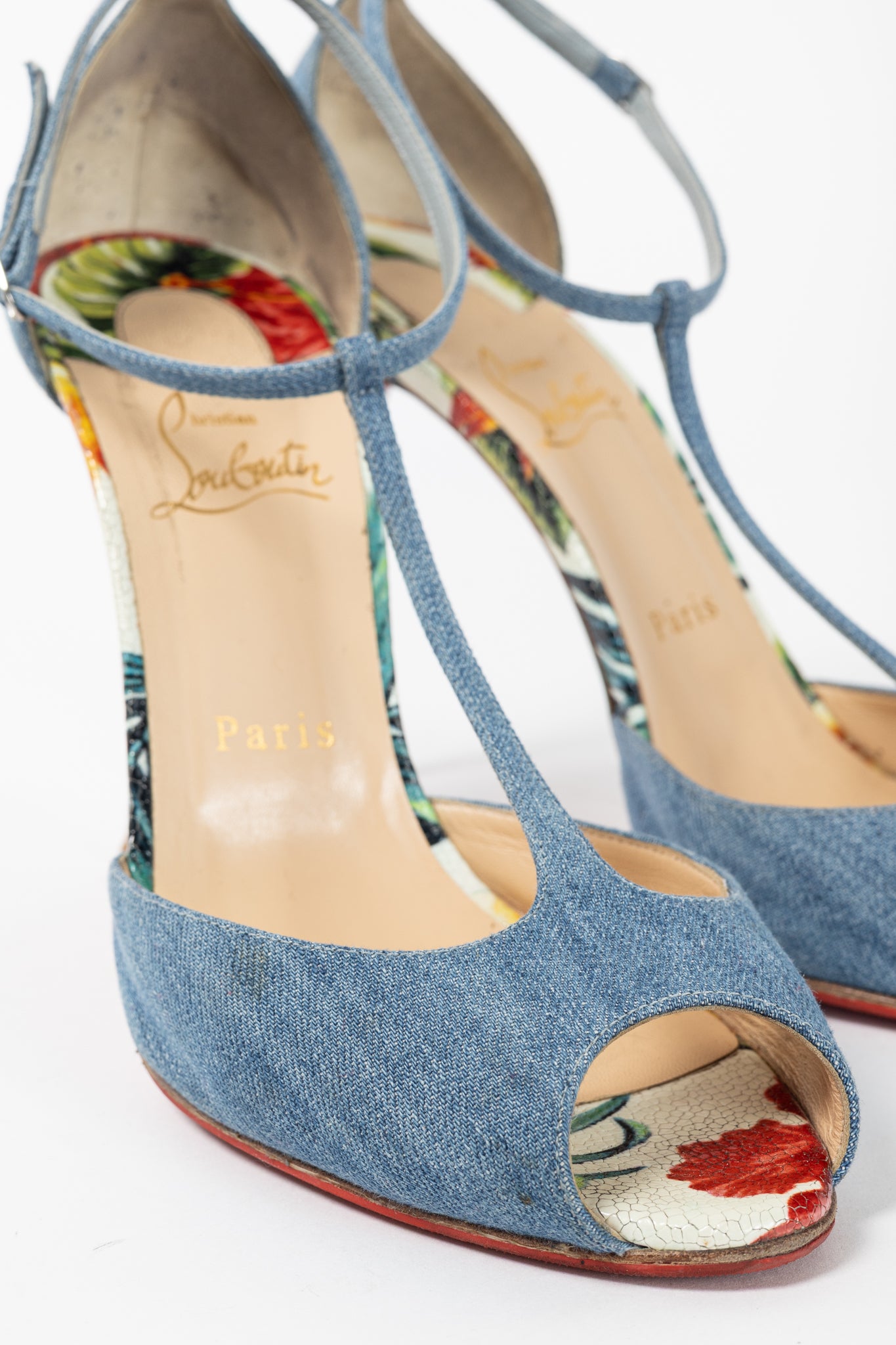 Christian Louboutin Senora 100 Blue & White Jeans / Calf Hawaii T-Strap Sandals