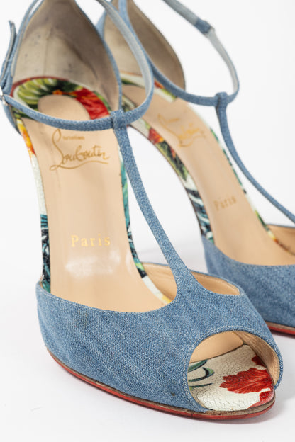 Christian Louboutin Senora 100 Blue & White Jeans / Calf Hawaii T-Strap Sandals