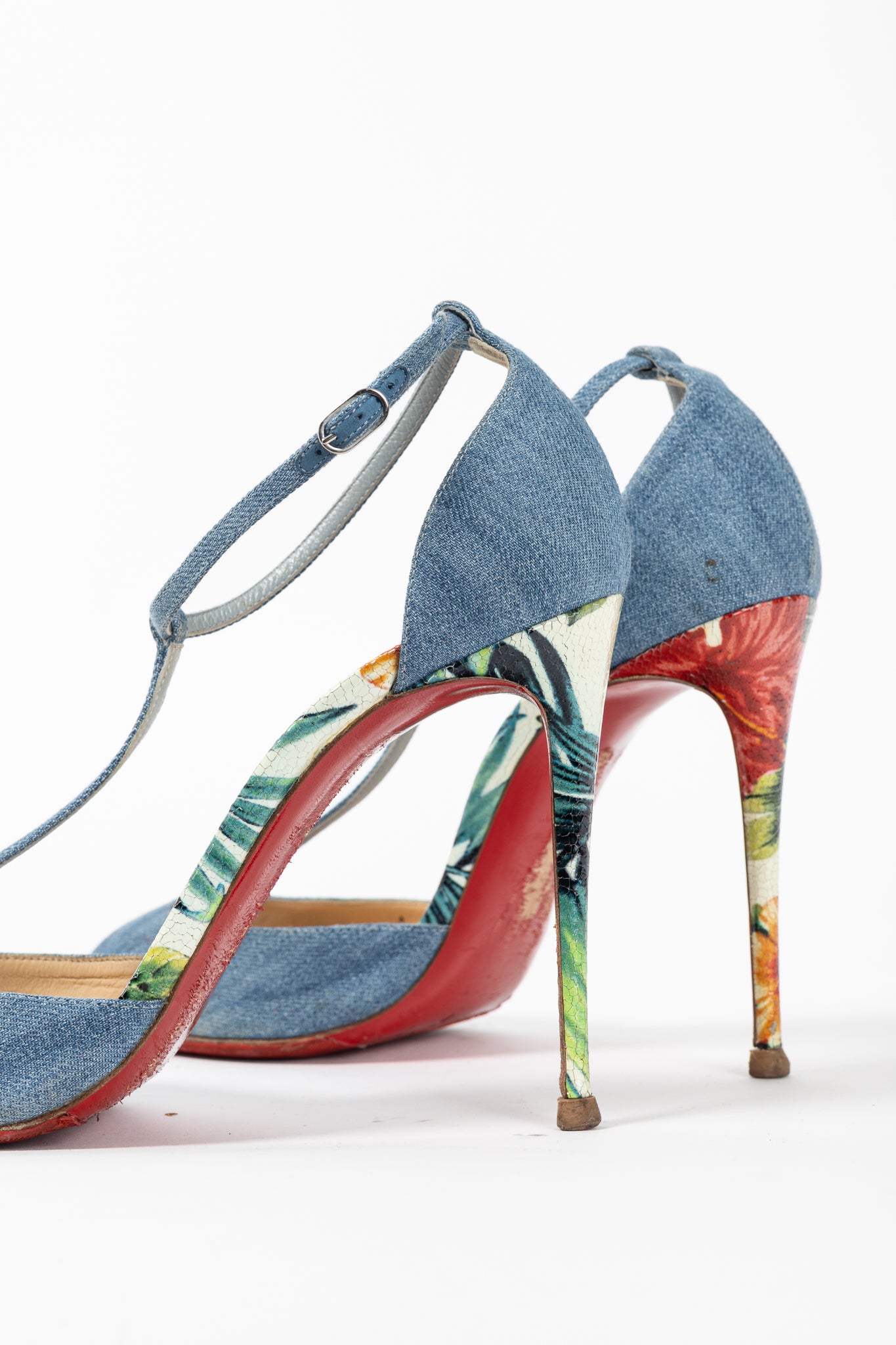 Christian Louboutin Senora 100 Blue & White Jeans / Calf Hawaii T-Strap Sandals