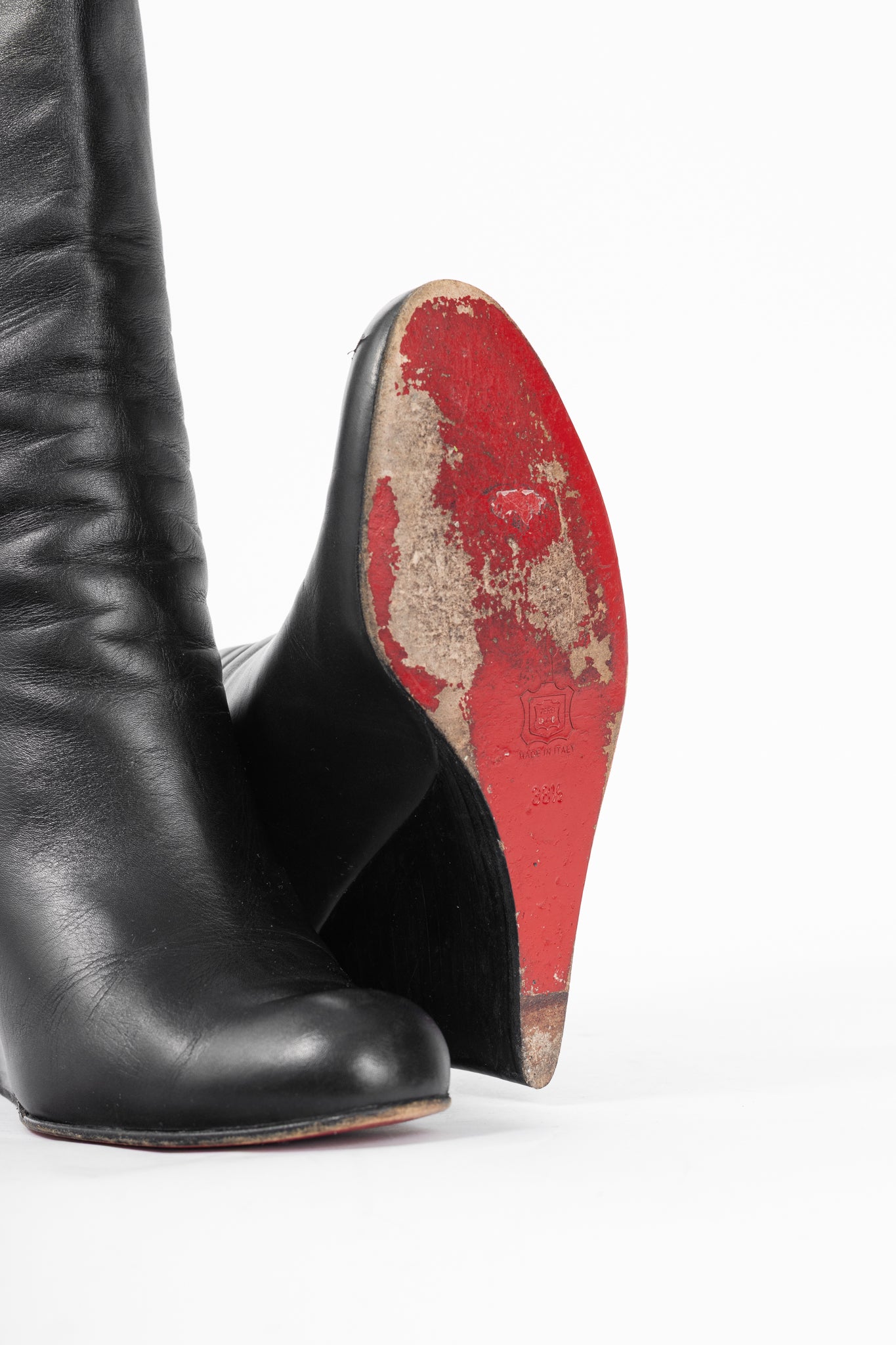 Christian Louboutin Zepita Black Leather Knee-High Wedge Boots