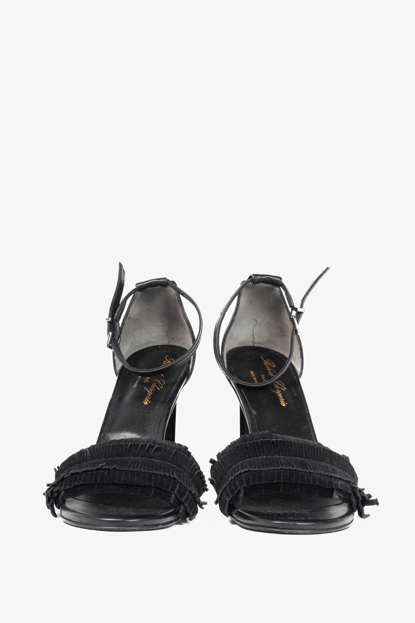 Robert Clergerie Black Suede Fringe Mirror-Heel Sandals