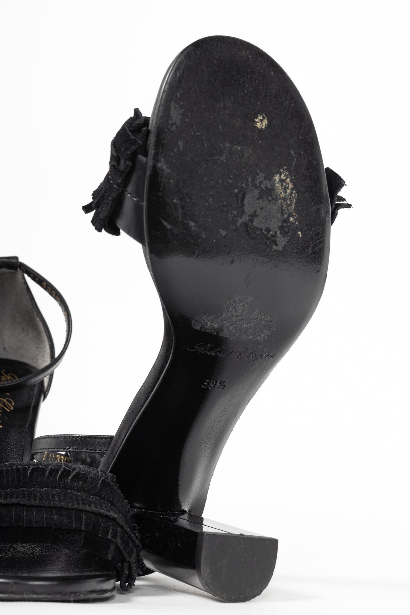 Robert Clergerie Black Suede Fringe Mirror-Heel Sandals