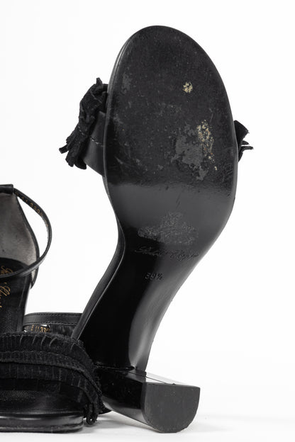 Robert Clergerie Black Suede Fringe Mirror-Heel Sandals