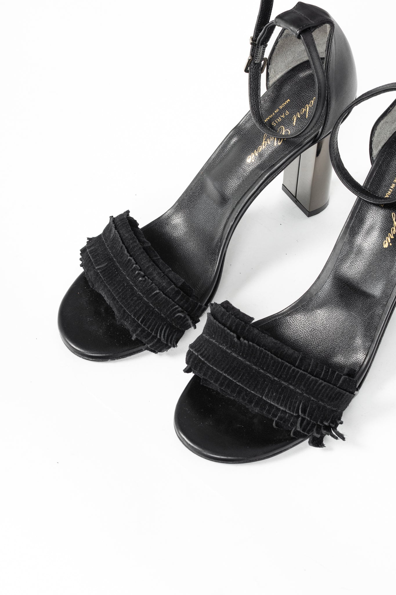 Robert Clergerie Black Suede Fringe Mirror-Heel Sandals