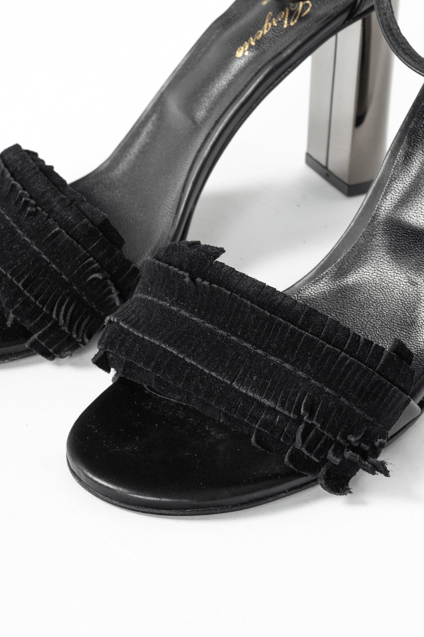 Robert Clergerie Black Suede Fringe Mirror-Heel Sandals