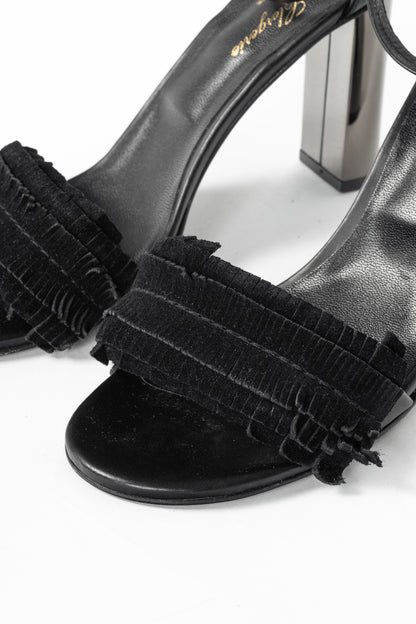 Robert Clergerie Black Suede Fringe Mirror-Heel Sandals