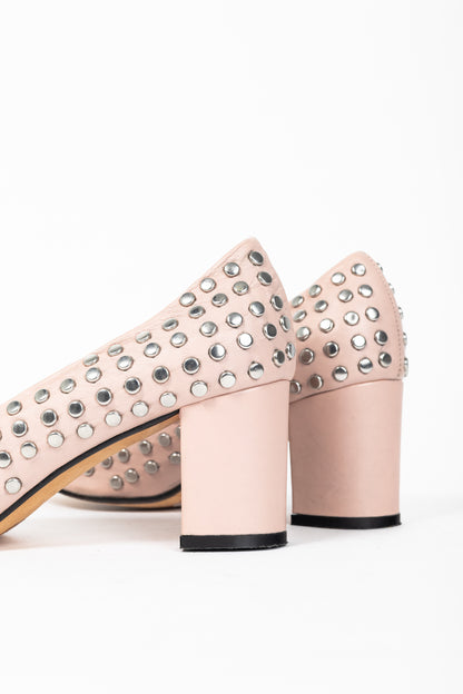 collection PRIVEE Pink Studded Leather Block-Heel Pumps