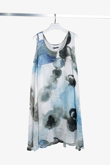 Crea Concept SS/18 Blues Watercolour Abstract Ramie Dress with Jersey Slip