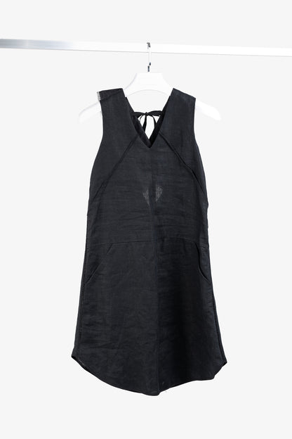Denis Gagnon Ruffle Back Sleeveless Black Linen Dress