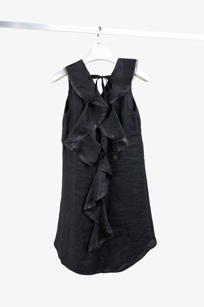 Denis Gagnon Ruffle Back Sleeveless Black Linen Dress