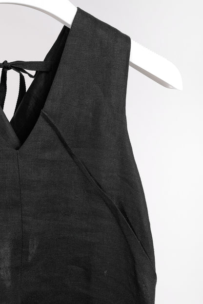 Denis Gagnon Ruffle Back Sleeveless Black Linen Dress
