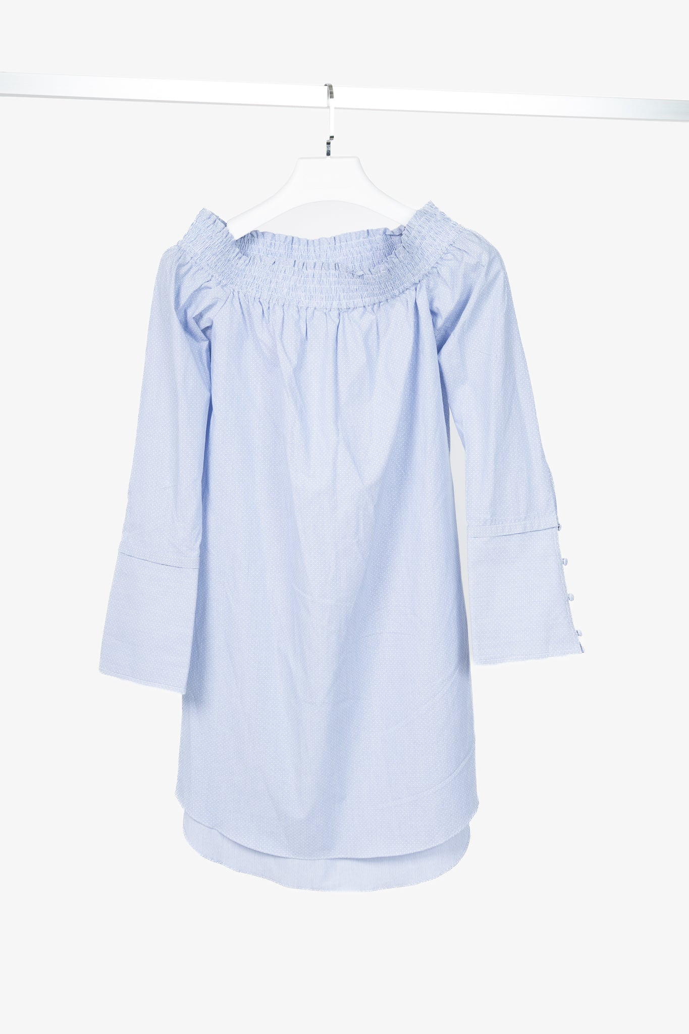 Derek Lam 10 Crosby Blue Pinstripe Cotton-Poplin Off-Shoulder Mini Dress