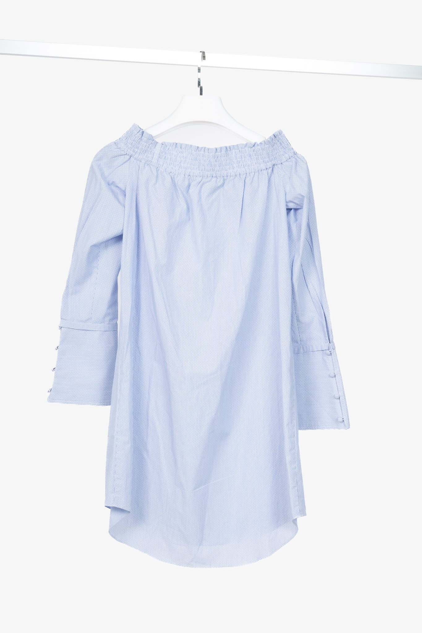 Derek Lam 10 Crosby Blue Pinstripe Cotton-Poplin Off-Shoulder Mini Dress