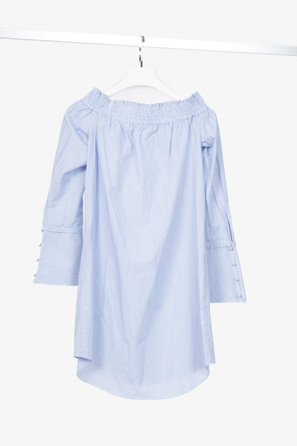 Derek Lam 10 Crosby Blue Pinstripe Cotton-Poplin Off-Shoulder Mini Dress