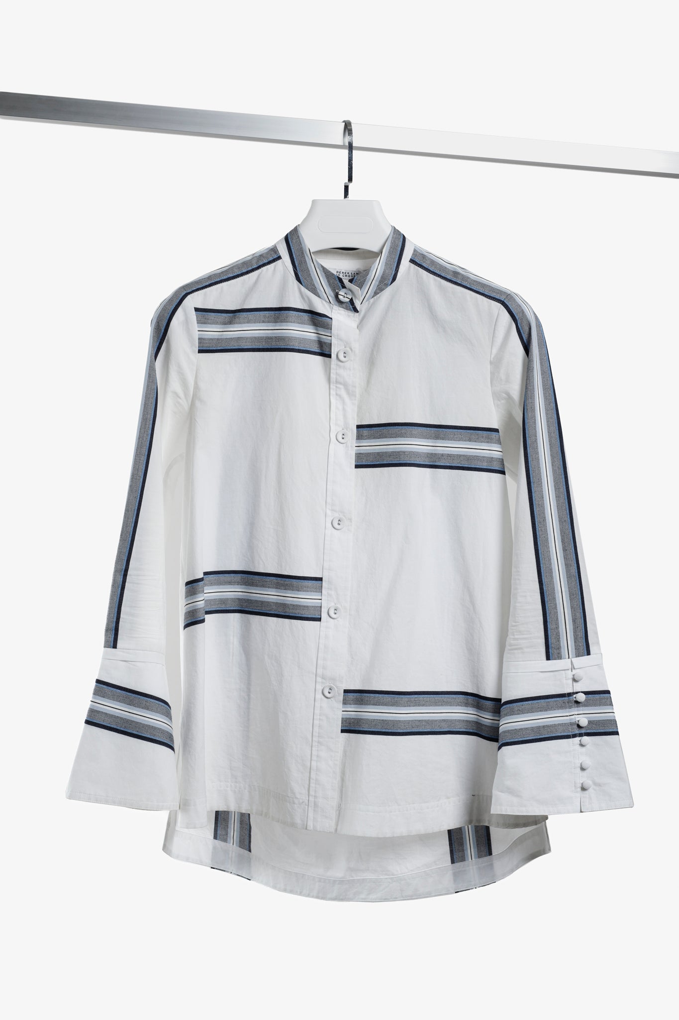 Derek Lam White Cotton Button Down w/ Blue Striped Panels – Blogger Armoire