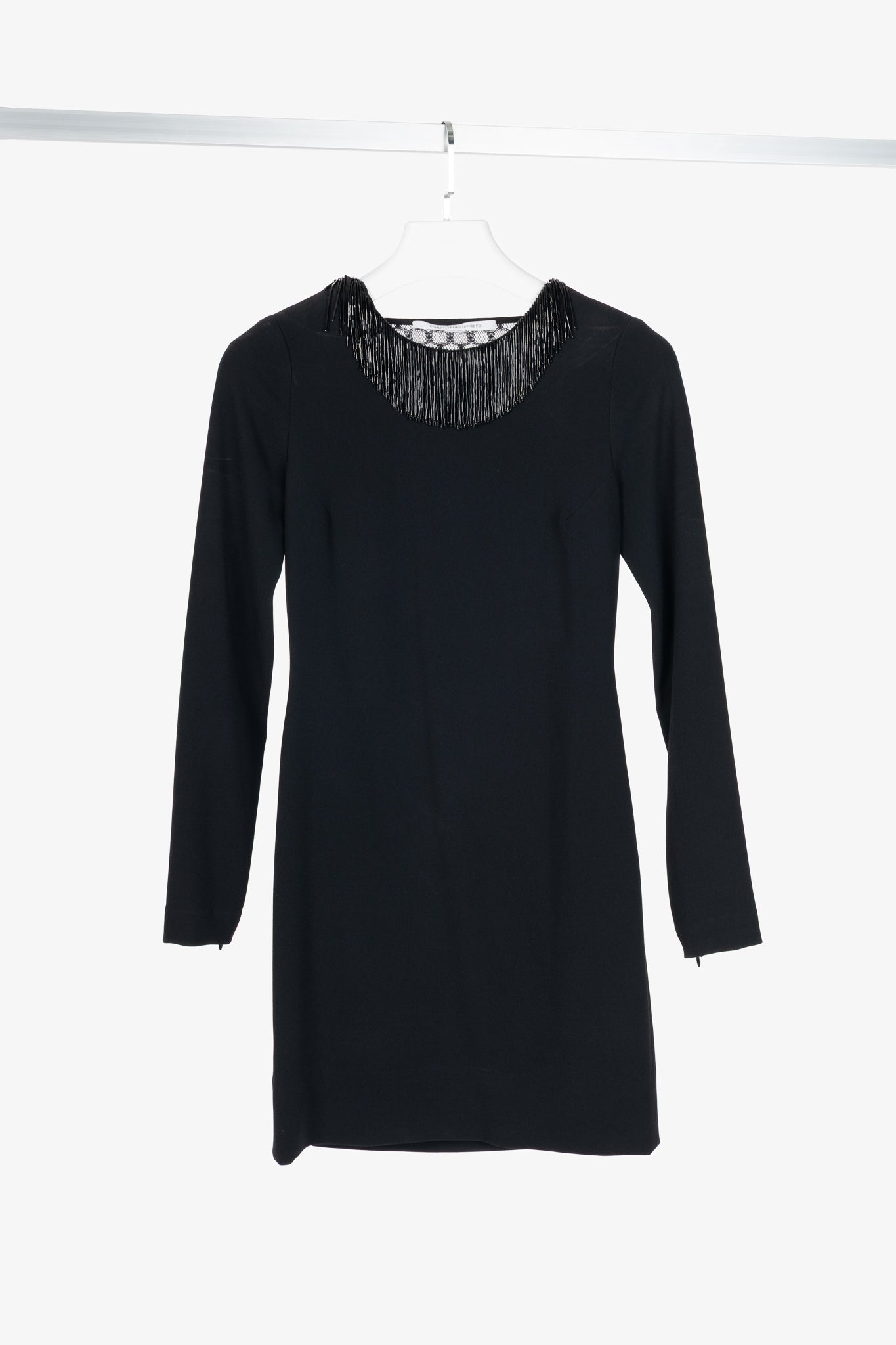 Diane Von Furstenberg Margherita Black Crepe Beaded-Fringe Lace-Back Mini Dress