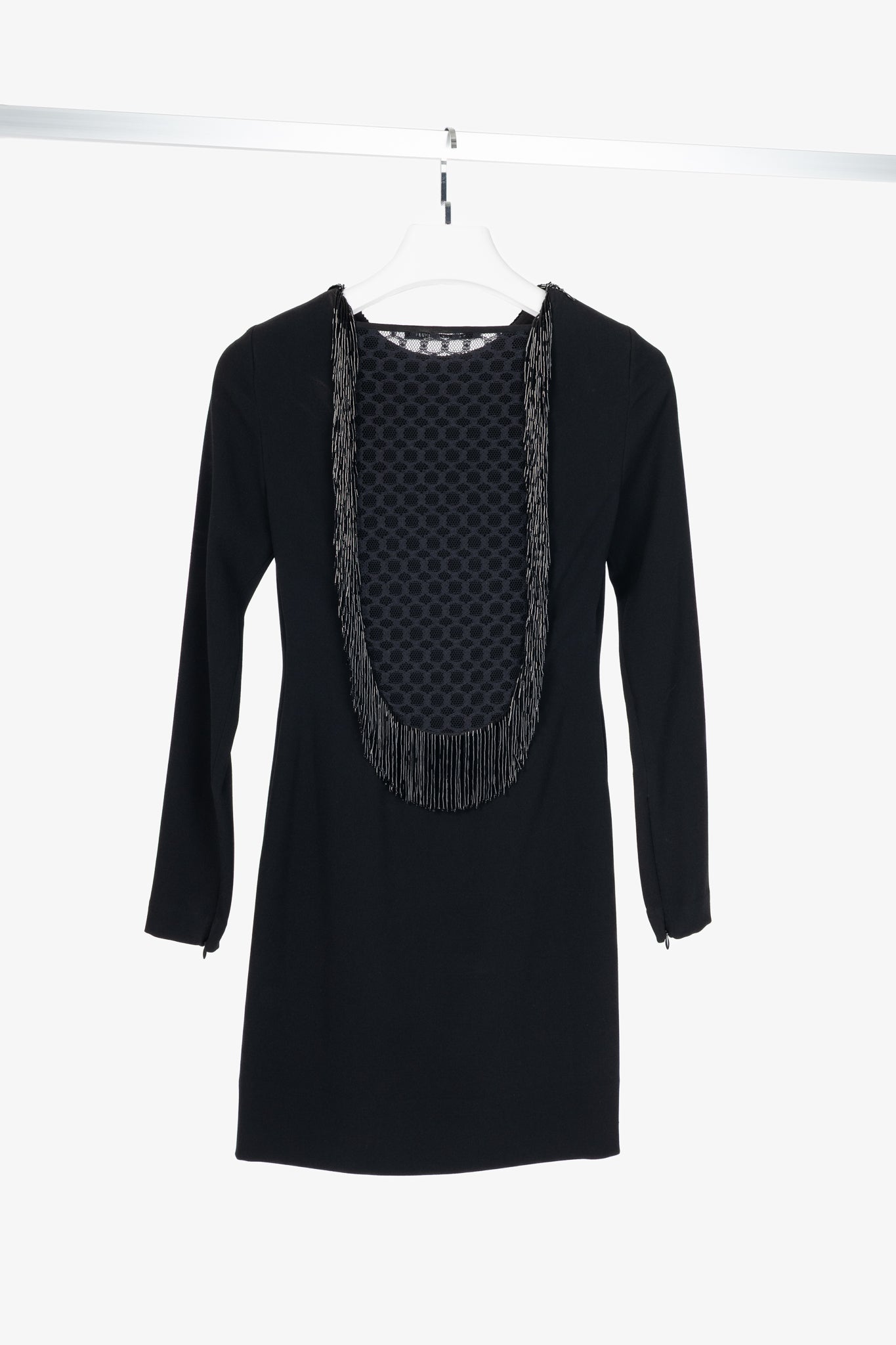 Diane Von Furstenberg Margherita Black Crepe Beaded-Fringe Lace-Back Mini Dress