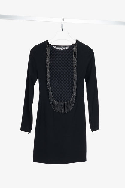 Diane Von Furstenberg Margherita Black Crepe Beaded-Fringe Lace-Back Mini Dress