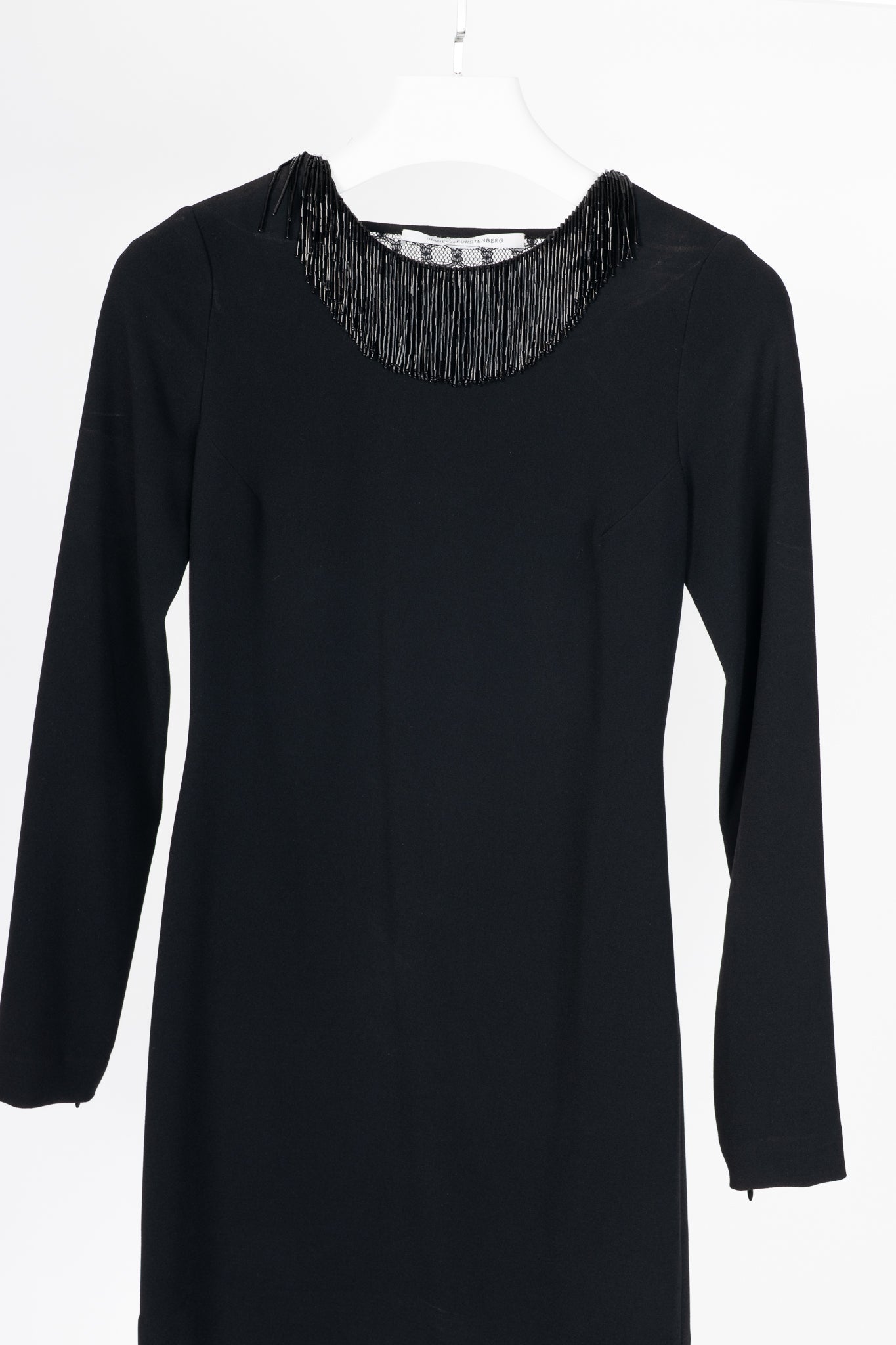 Diane Von Furstenberg Margherita Black Crepe Beaded-Fringe Lace-Back Mini Dress