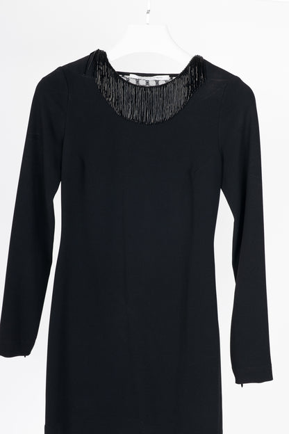 Diane Von Furstenberg Margherita Black Crepe Beaded-Fringe Lace-Back Mini Dress