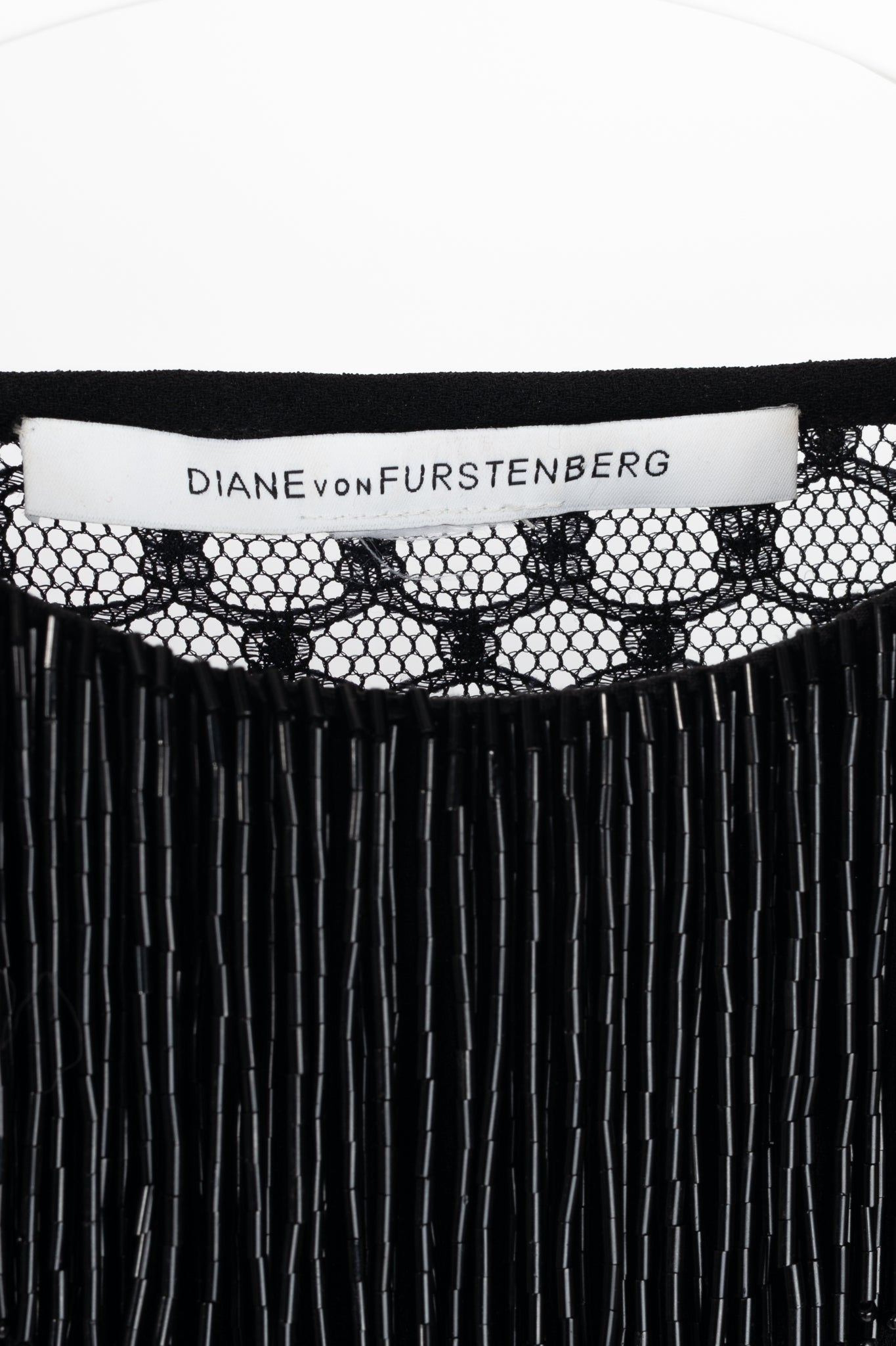 Diane Von Furstenberg Margherita Black Crepe Beaded-Fringe Lace-Back Mini Dress
